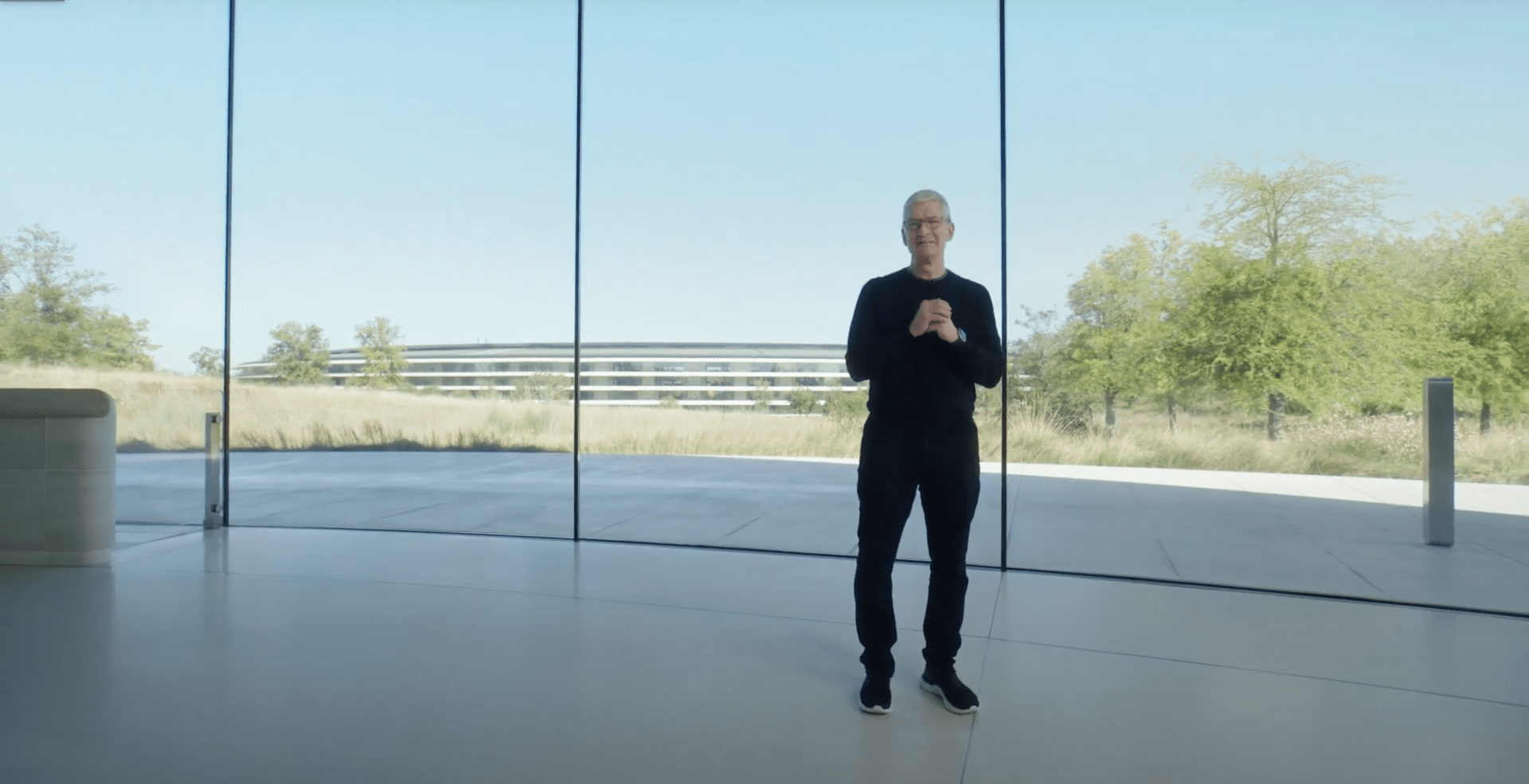 Tim Cook standing inside Steve Jobs Theater